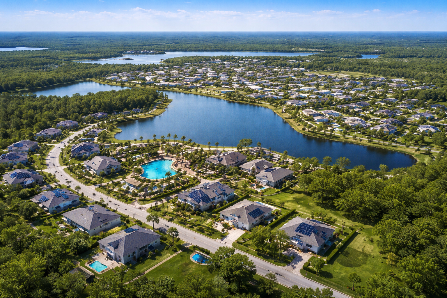 Aerial view of Babcock Ranch, Florida showcasing modern homes, lakes, and sustainable community design.