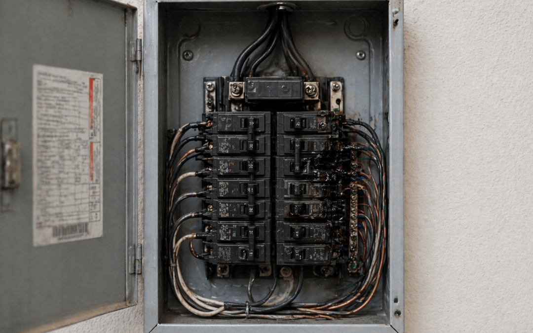 Electrical panel with subtle burn damage and melted wiring inside a residential home