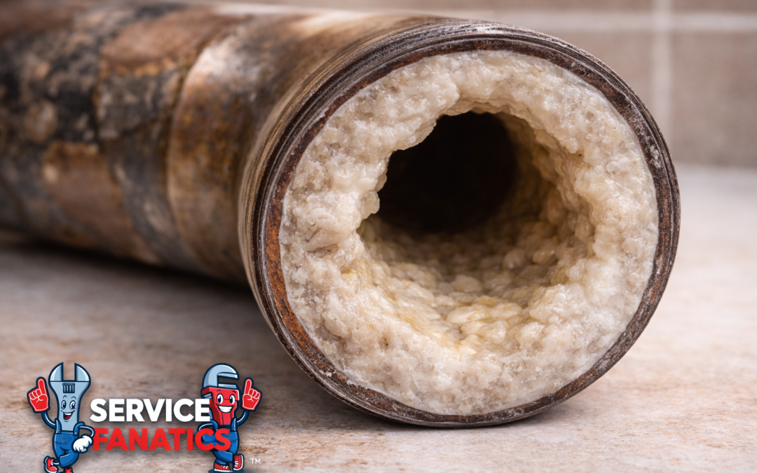 Hard water mineral buildup restricting water flow inside a residential plumbing pipe in Southwest Florida